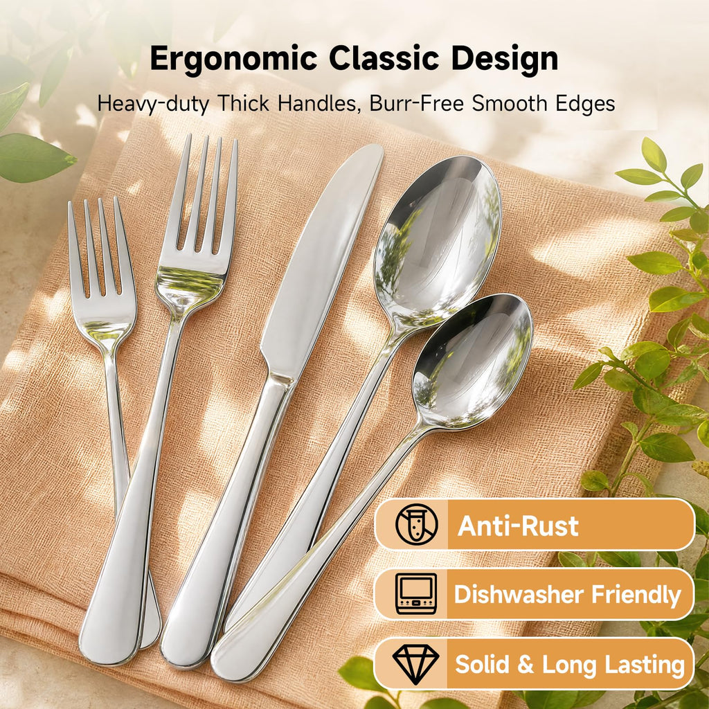 40 Piece Silverware Set for 8, Modern Stainless Steel Flatware Set
