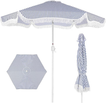 9ft Fringe Market Patio Umbrella - Outdoor Boho Tassel Sunshade for Table, Pool, Deck, Backyard - Navy Pinstripe
