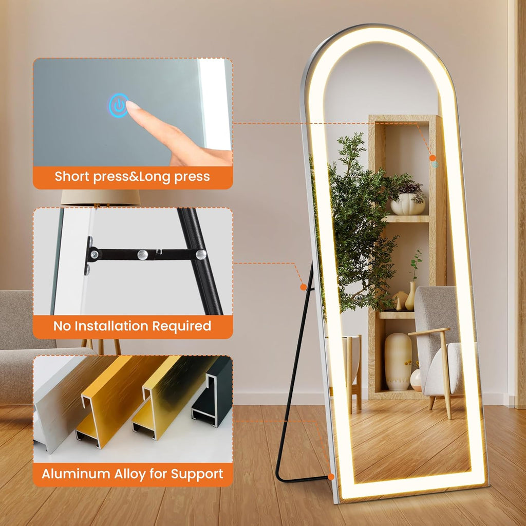 71" x 26" Arched Full Length Mirror with LED Lights, Floor Mirror with Stand, Full Length Body Floor