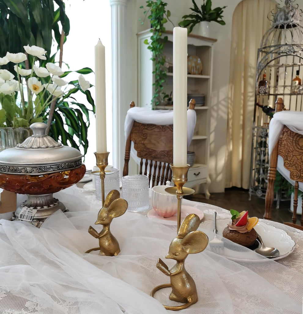 Mouse Reading Taper Candle Holders, Creative Animal Candlestick Holders, Centerpiece Table Decorative Candlelight