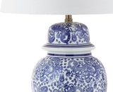 29.5" Blue/White Ceramic Table Lamp and Office, White Linen Drum Shade, Traditional Chinoiserie Ginger Jar Lamp