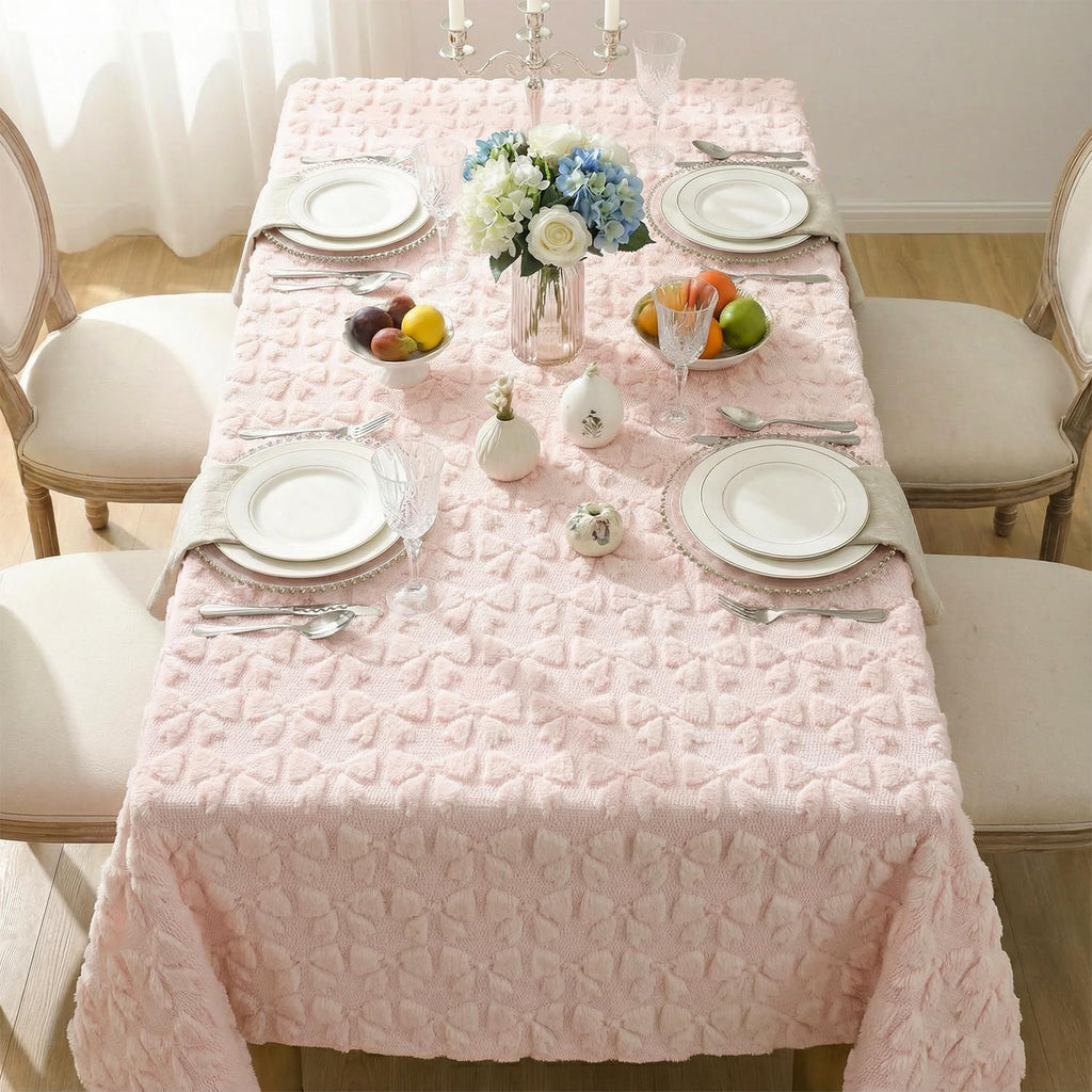 Bow Tablecloth 60×84 Inch Rectangular, Pink Soft Plush Faux Fur Jacquard Bow Table Cover, Seasonal D