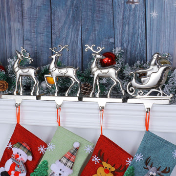 Set of 4 Christmas Stocking Holder for Mantel Reindeer and Sleigh Christmas Stocking Hangers for Fireplace Metal