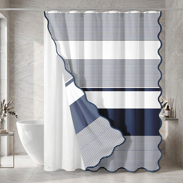 Scalloped Shower Curtain with PEVA Liner Set, Striped Navy Geometric Modern 3 in 1 Heavy Duty Waffle Weave Waterproof