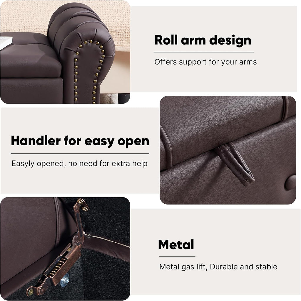 Storage Bench 51" Faux Leather End of Bed Benches Dark Brown | Queen Size Storage Bench with Rolled Arms Tufted