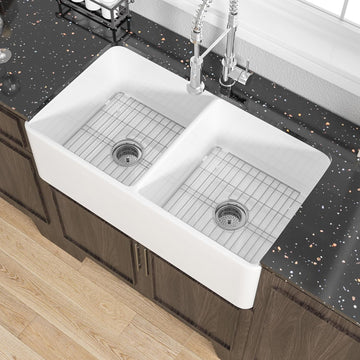 Double Bowl Farmhouse Sink 33" x 18" White Apron Front Kitchen Sink | , Large dual bowl 50/50, Heavy duty fireclay