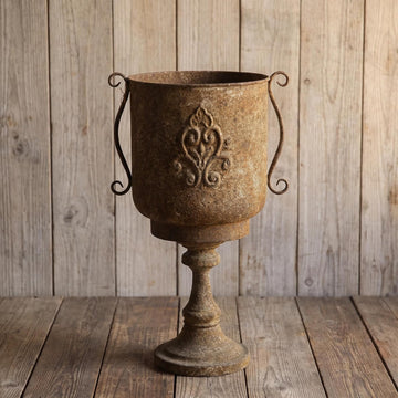 Vintage Tall Urn Planter with Embossed Pattern & Handles, 26 Inch Distressed Rust Iron Decorative Pot, Rustic