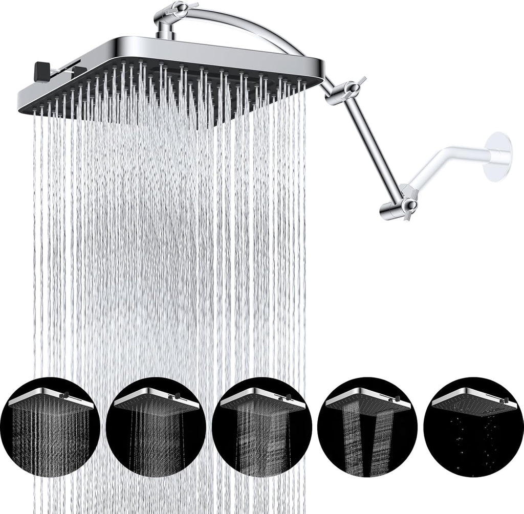 Rain Shower Head, 13'' High Pressure Rainfall Square 5 Spray Mode Showerhead with 16" Shower Head Extension Arm