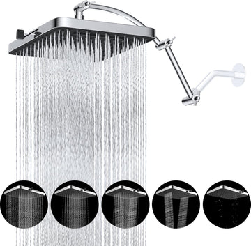 Rain Shower Head, 13'' High Pressure Rainfall Square 5 Spray Mode Showerhead with 16" Shower Head Extension Arm