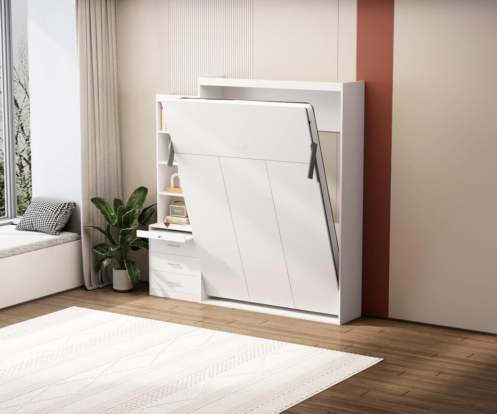 Full Murphy Bed, Morden Full Vertical Murphy Bed Frame with Shelf and Drawers, Wall Bed Hidden Bed Gas Struts, White