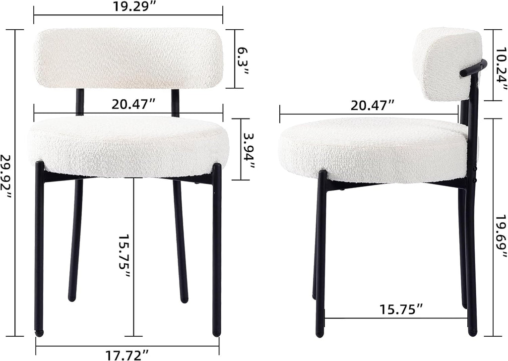 White Boucle Dining Chairs Set of 2, Upholstered Kitchen and Dining Room Chairs with Curved Backrest and Black Metal Legs