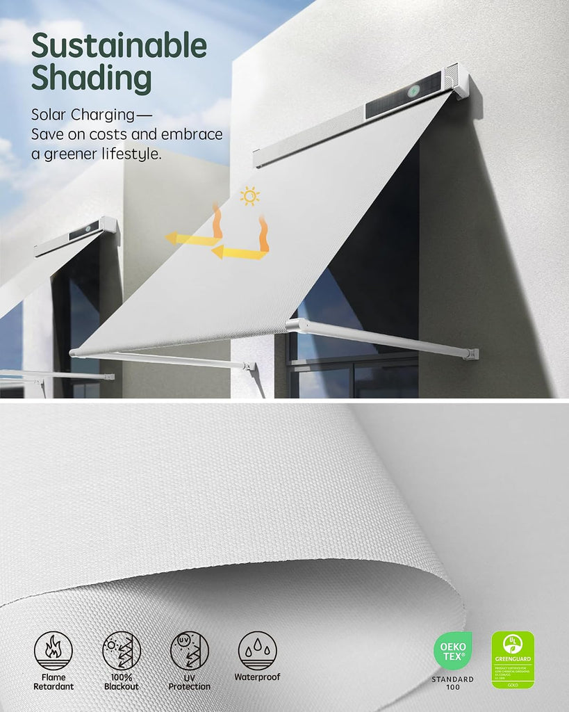 Motorized Retractable Patio Awning, Solar Powered, 0-160° Adjustable | Outdoor Electric Drop Arm Retractable Awning