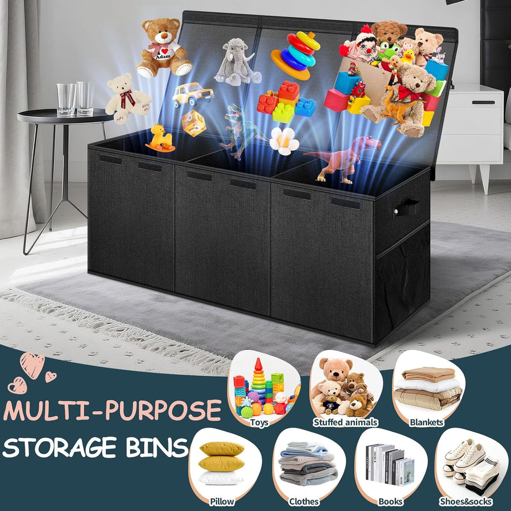 Extra Large Toy Box with Lids, Collapsible Storage Bin, 38"x16"x14",Black | Sturdy Chest Basket with Dividers for