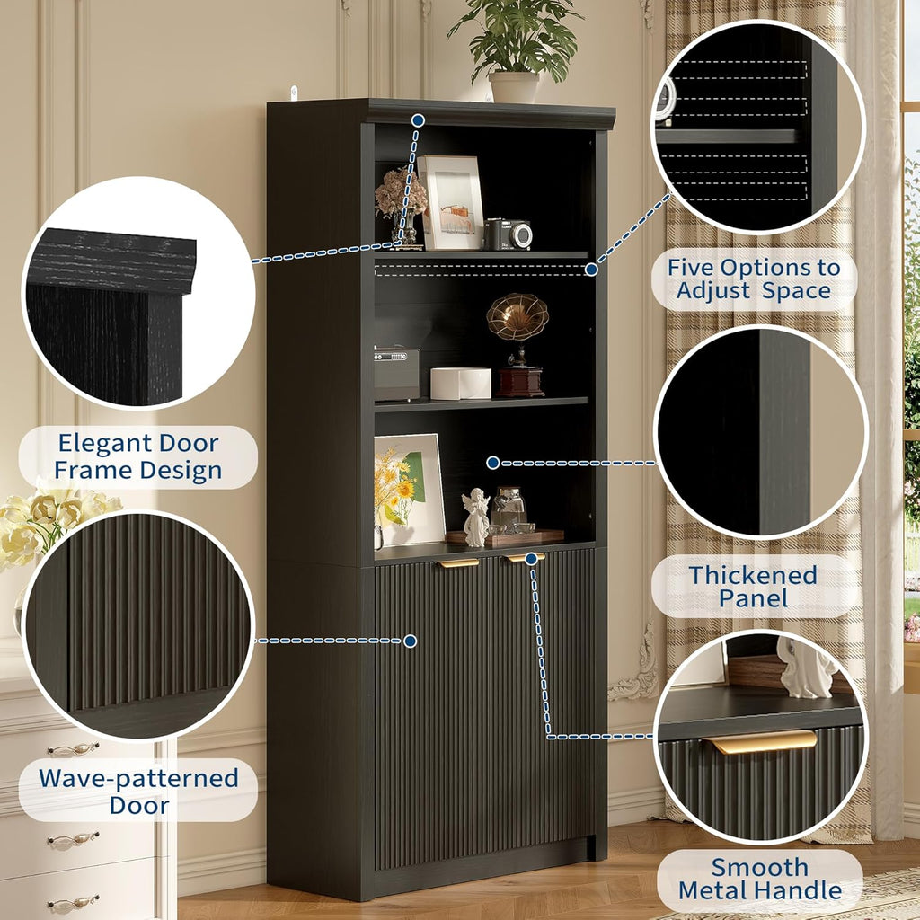 Modern Tall Book Shelf and Bookcase, 31.5"Wide Bookshelf with Doors, Farmhouse Book Case with Adjustable Top Shelf