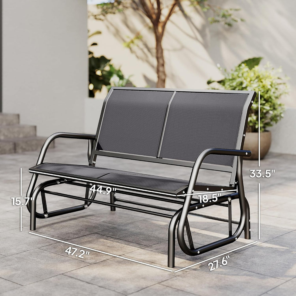 2-Person Outdoor Glider Bench with Steel Frame, Gray | Double Swing Rocking Chair, Loveseat, for Outside Patio
