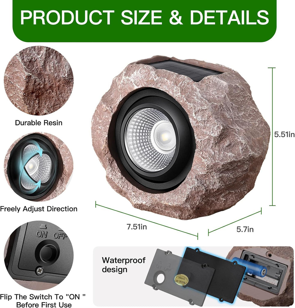 Solar Rock Lights Outdoor, 2 Pack Super Bright Solar Spot Lights Outdoor IP65 Waterproof Solar Yard Lights, Auto