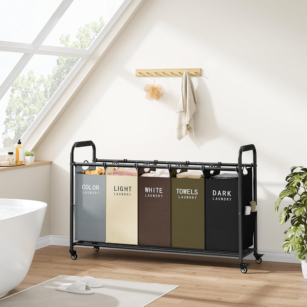 5 Bag Laundry Sorter Cart, Laundry Hamper 5 Section, 5 Colors | Rolling Laundry Basket with Heavy Duty Lockable