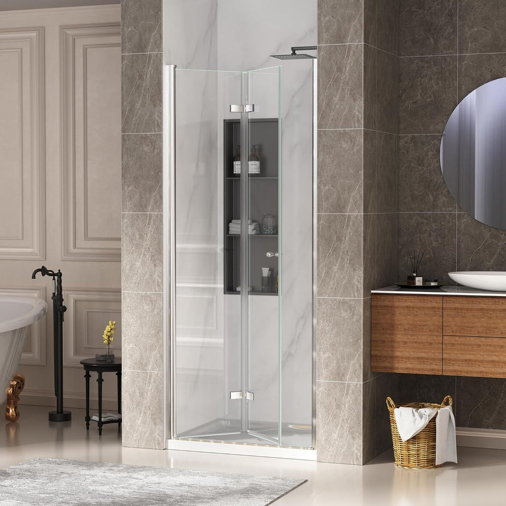 34" W × 72" H Bifold Shower Door, Semi - Frameless Folding Bathroom Glass Shower Doors