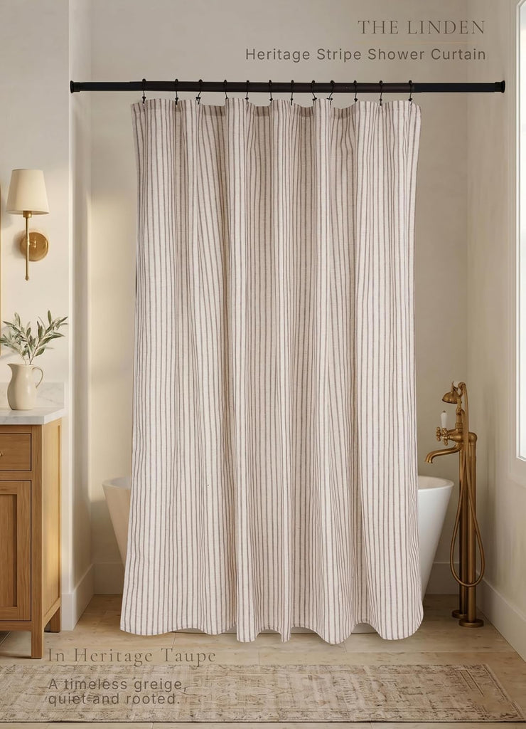 Farmhouse Striped Shower Curtain - 72x72 Inches, Linen Blend Fabric, Breathable & Machine Washable, Rustic Taupe