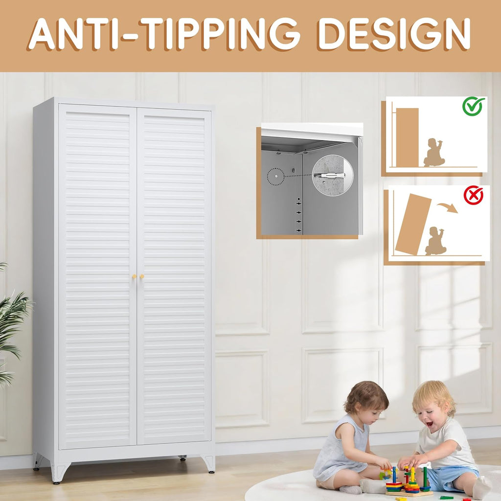 71"Armoire Wardrobe Close,White Wardrobe Cabinet with Hanging Rod | Metal Closet Cabinet with Doors and Adjustable