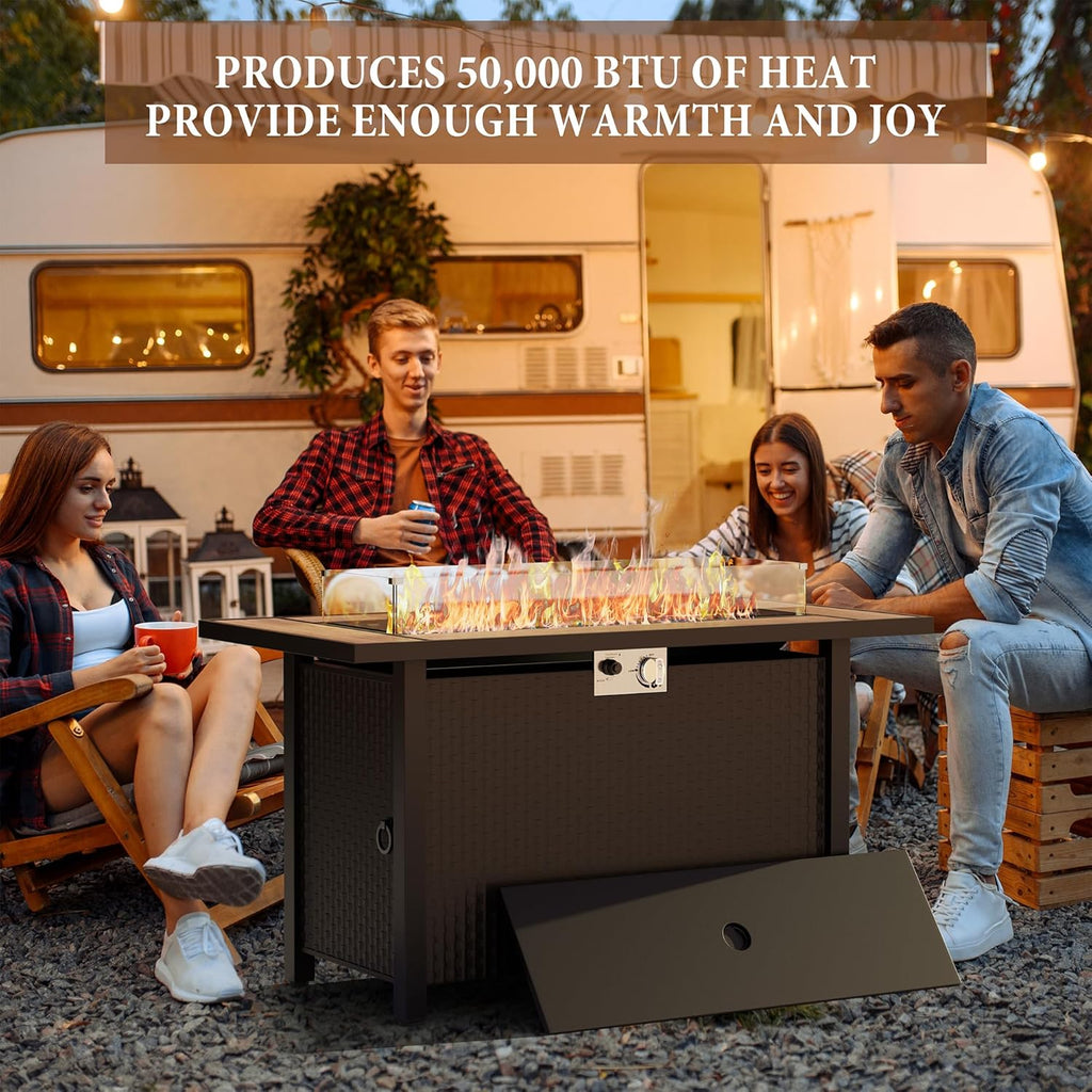 45 inch Propane Fire Pit Table, 50,000 BTU Outdoor Gas Fire Pit Table with Lid, Glass Wind Guard, Waterproof Cover, Rectangle Gas Firepit Table for - Image 8