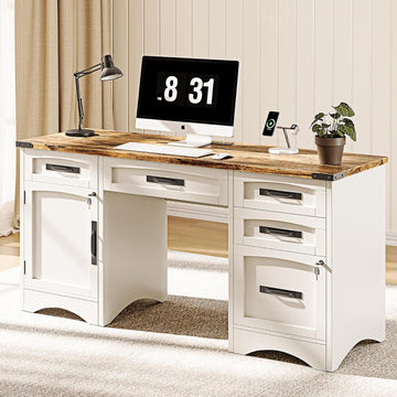 Farmhouse Executive Desk with Drawers, 55" Home Office Desks with Fast Charging Station, Lockable File Cabinet