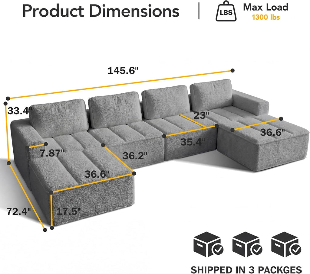 145" U Shaped Modular Sectional Sofa with Ottoman, Boneless Comfy Couch with Layered Cushion