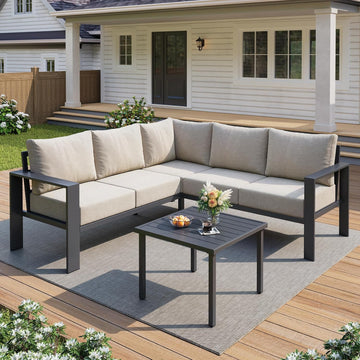 6-Piece L Shaped Outdoor Sectional Sofa, 6" Thick Cushion | Olefin Fabric Fade Resistant, Wide Armrest & Coffee