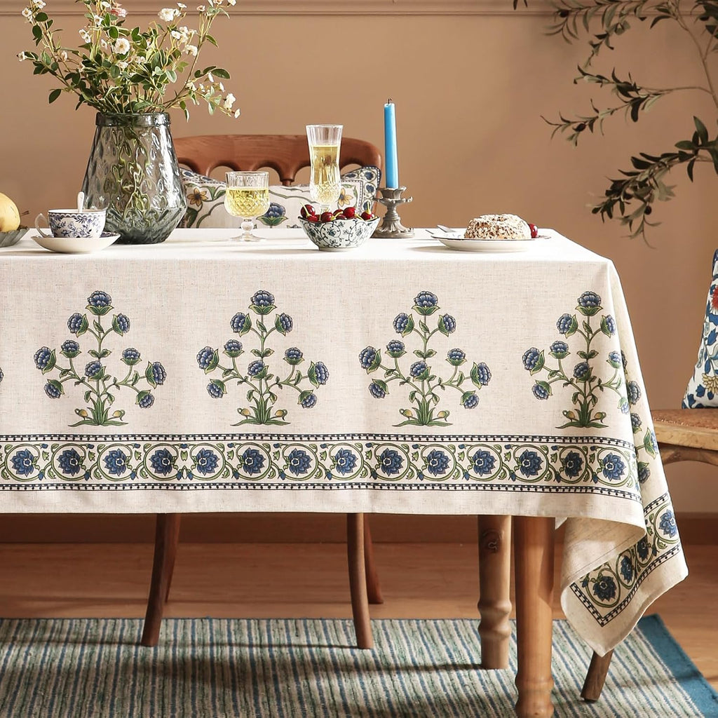 Designer Vintage Small Blue Rectangle Table Cloth,Linen Leaves Pattern Floral Tablecloth,Farmhouse Fall Table Cover