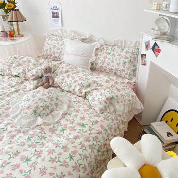 Comforter Set Romantic Ruffle Pink Floral Bedding Comforter with 2 Pillowcases Vintage Botanical Flowers
