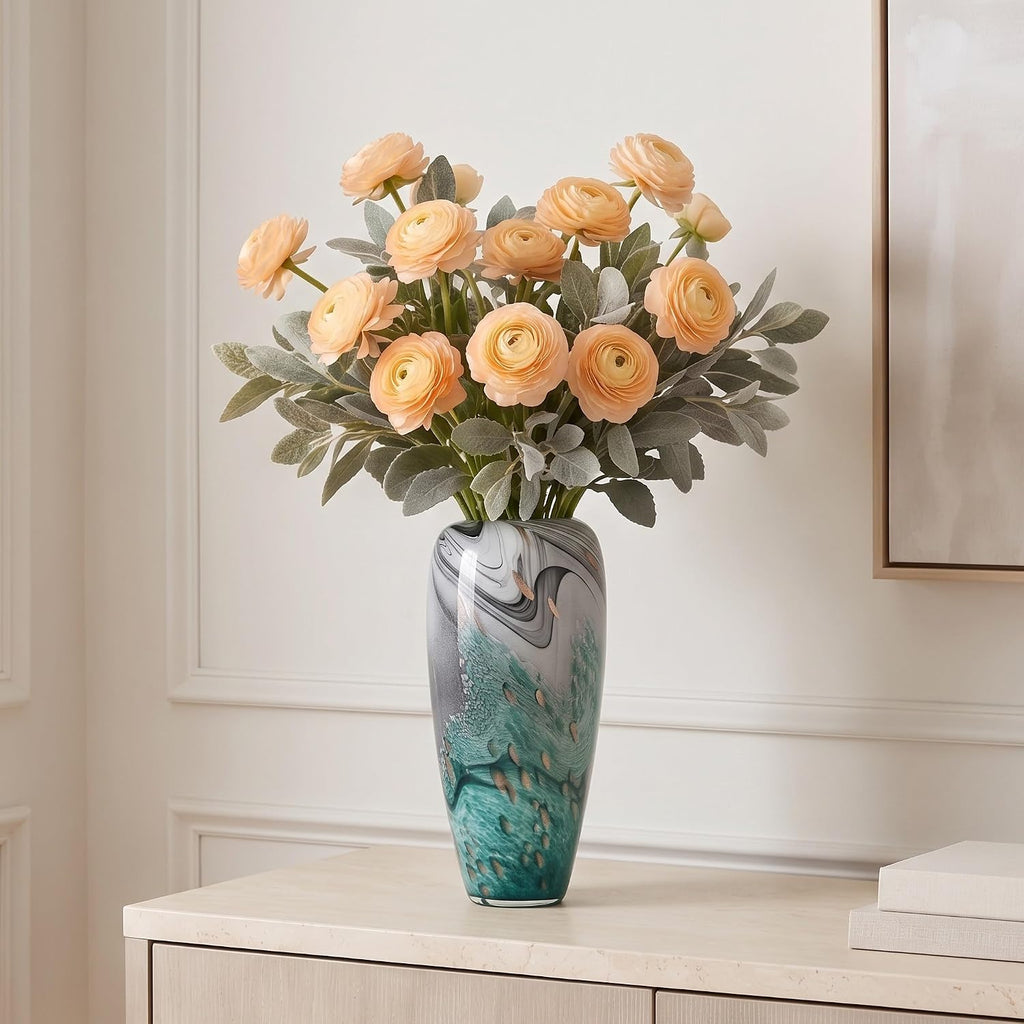 Hand Blown Glass Vase Decor with Organic Swirl Pattern, Art Glass Centerpiece for Table, Shelf or Living Room, Single