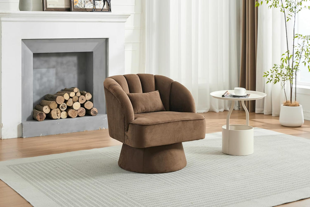 Modern Swivel Barrel Accent Chair, 360 Degree Velvet Upholstered Armchair with Striped Backrest & Plush Padding