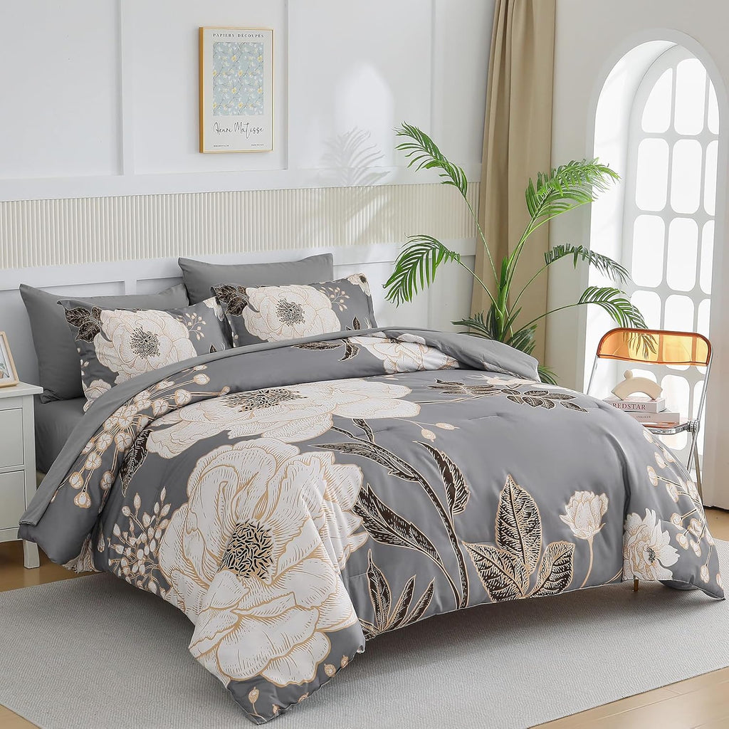 Floral Comforter Set 7 Pieces Bed in a Bag, White Flower Print on Grey Bedding Set