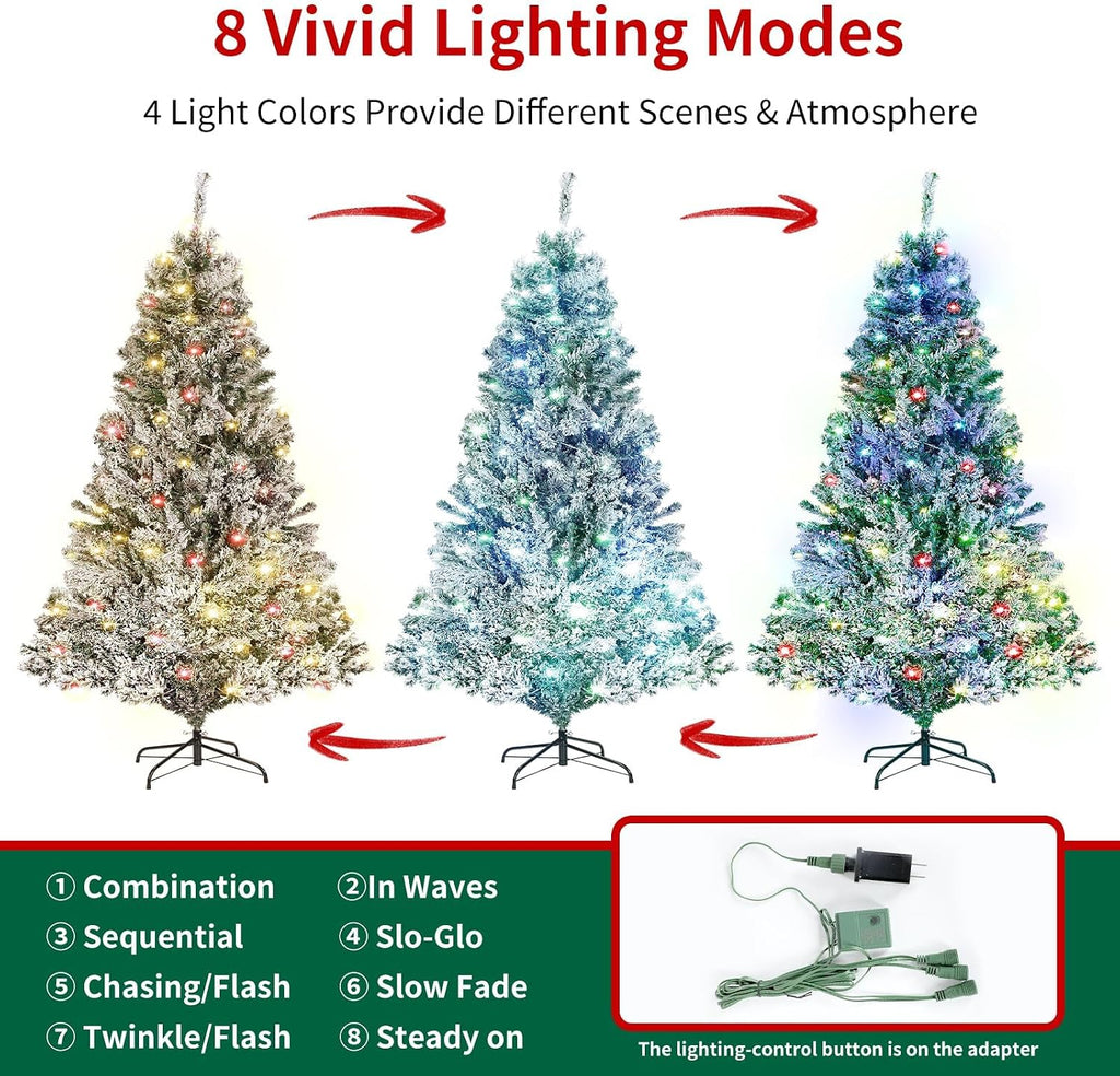 White Pre-Lit Snow Flocked Christmas Tree, Multi-Color Light