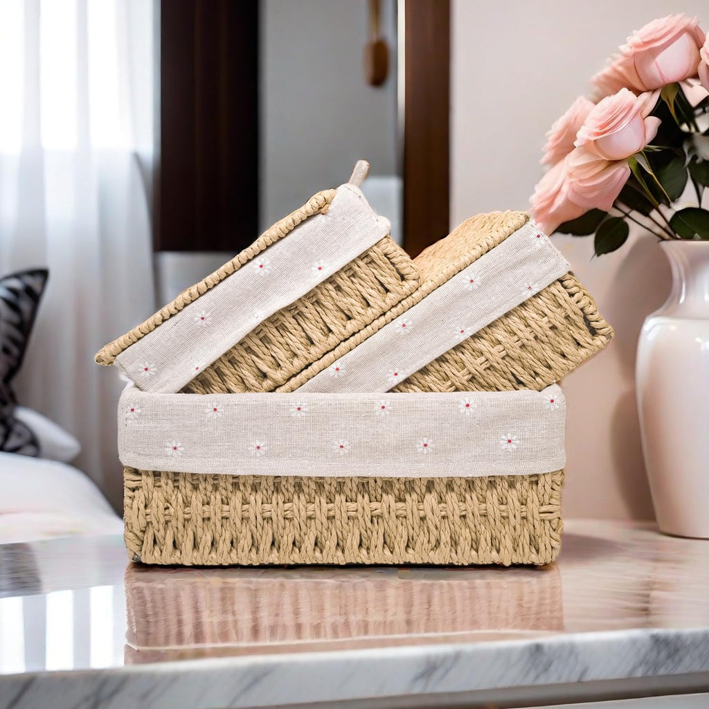 Small Wicker Storage Baskets with Lid/Liner Woven Cute Decorative Boxes | Boho Paper Rope Baskets for Shelves