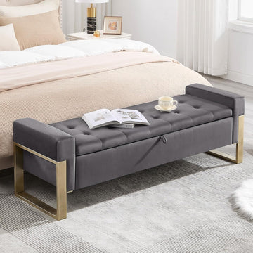 End of Bed Storage Bench, 67'' Benches Foot of Bed King, Upholstered Velvet Tufted Storage Ottoman Bench with Gold