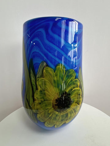 Hand Blown Art Glass Sunflower Vase - 13.78" Tall Mouth-Blown Artistic Sculpture with Vibrant Colors & Accents - Rich