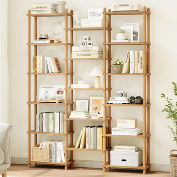 Wooden Triple Wide Bookshelf, 6-Tier Large Open Bookcase, Oak