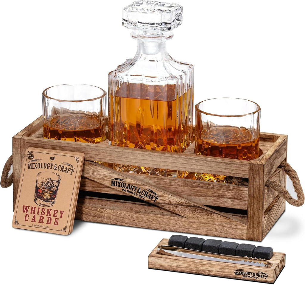 Whiskey Decanter Set - Elegant 24oz Crystal Glasses, Rustic Wood Stand, 6 Chilling Stones, Metal Tongs, Recipe Cards