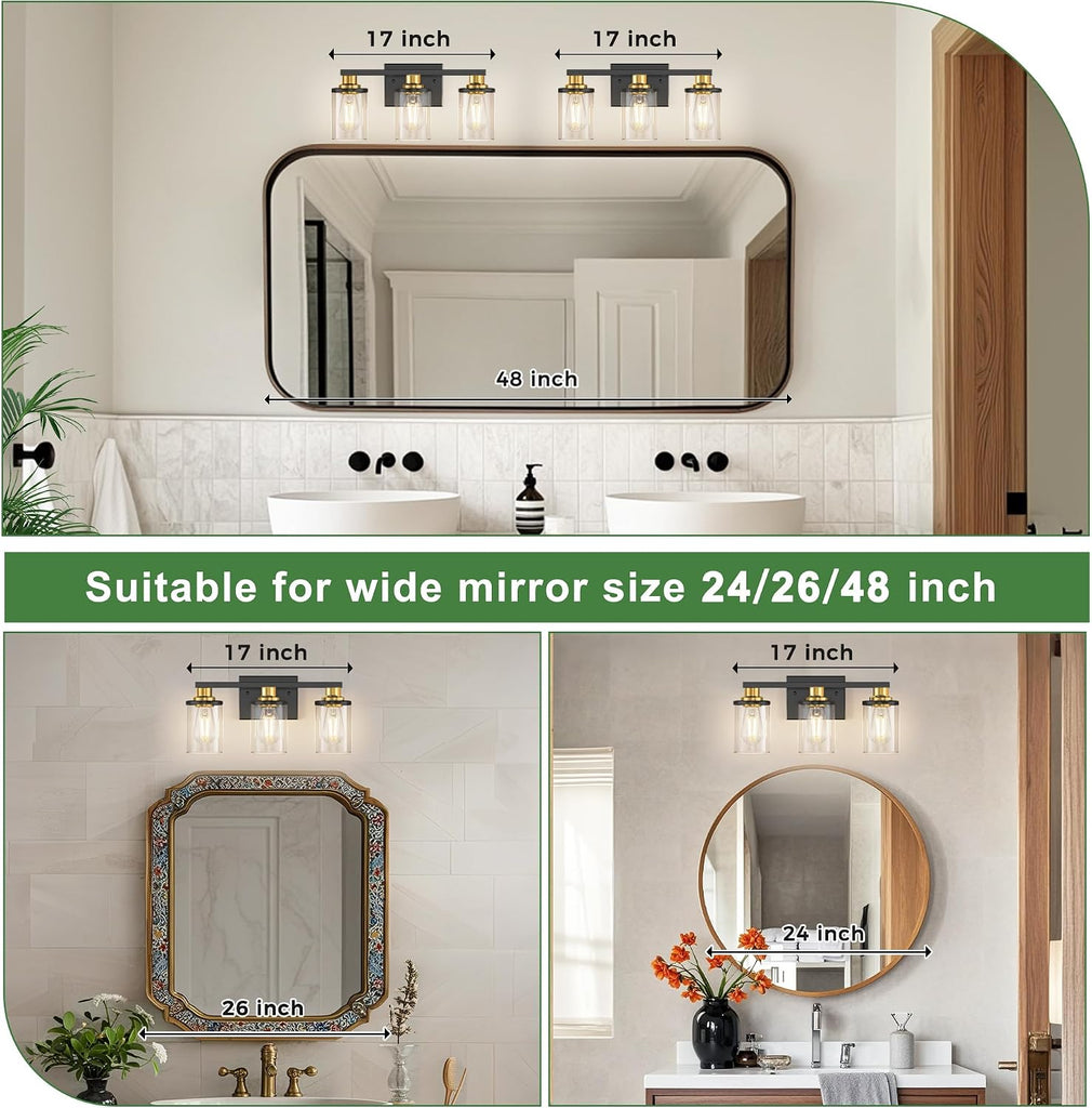 Bathroom Light Fixtures, 3-Light Black and Gold Bathroom Lights Over Mirror with Clear Glass Shade,Vanity Lights