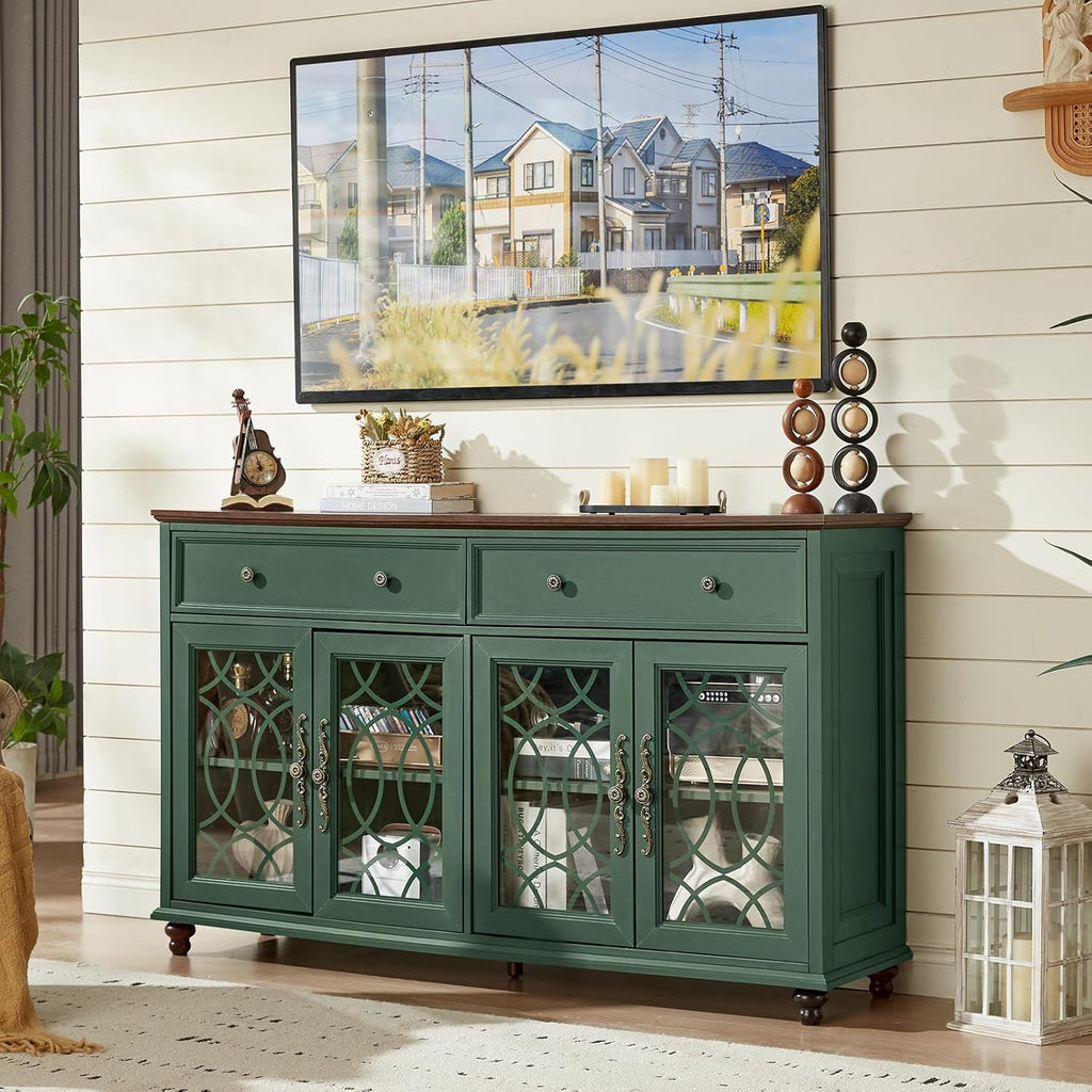 Farmhouse Sideboard Buffet Cabinet with Storage,Adjustable Shelves Console Table,59" Large Credenza with 4 Glass Doors