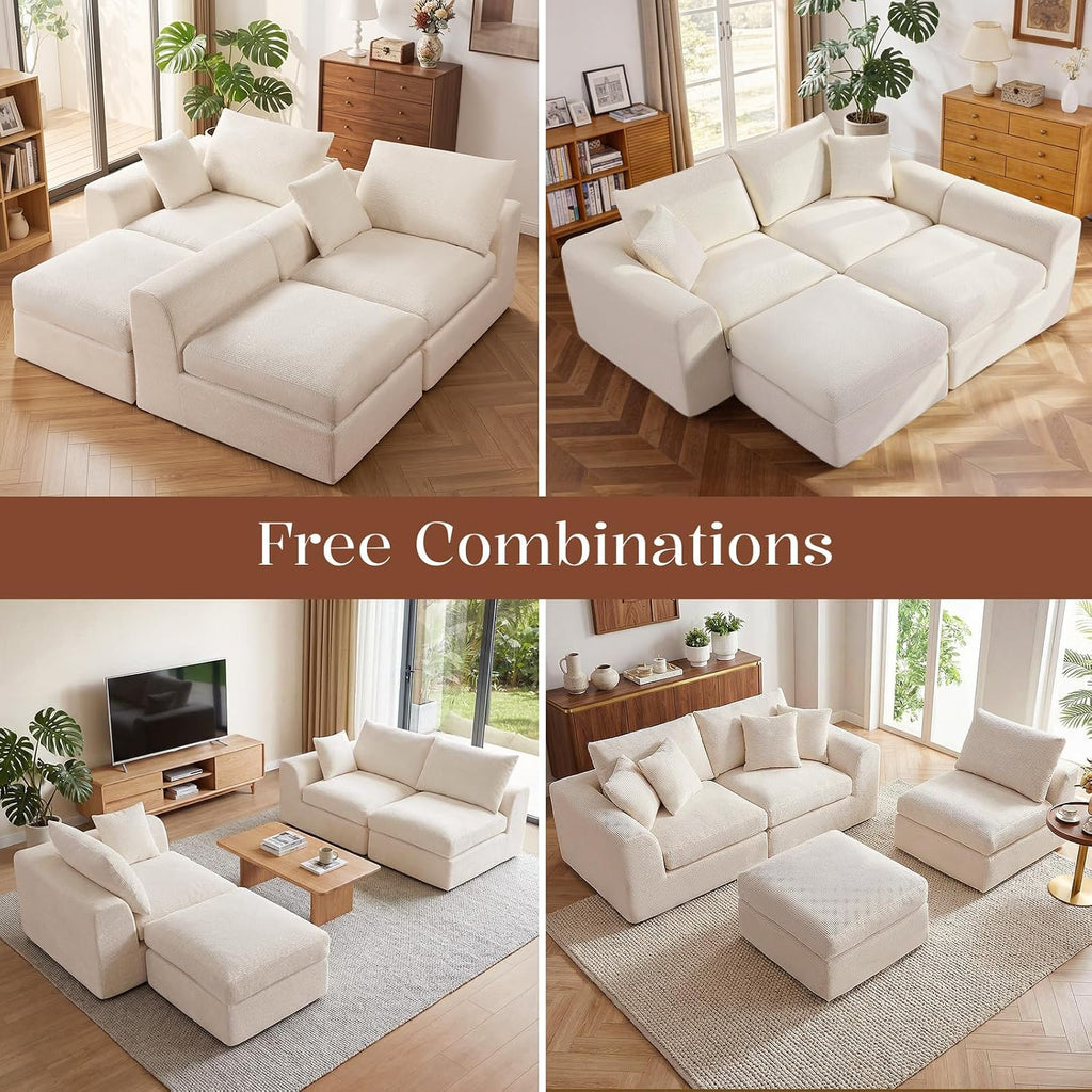 110" Cloud Sectional Couches , L-Shaped Convertible Sofa, 3-Seat Modular Boneless Couch with Movable Ottoman, Beige