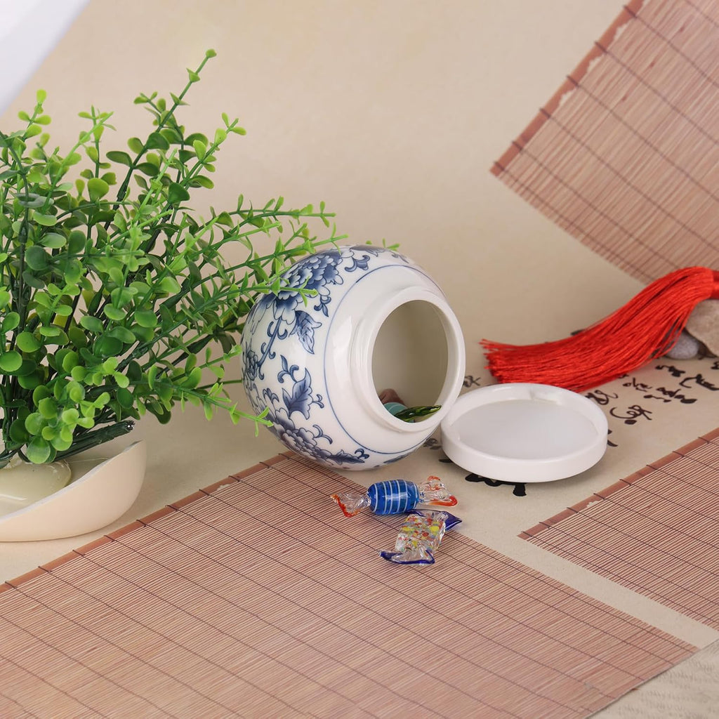 Elegant Mini Blue and White Porcelain Ceramic Ginger Jar With Twist Lid - Modern Twist on Traditional Design (Peony