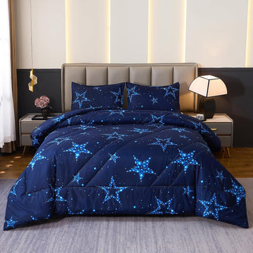 Star Comforter Teen Boy Girl Blue Galaxy Full Bedding Microfiber Set 3 Pieces with Pillowcases for All Seasons