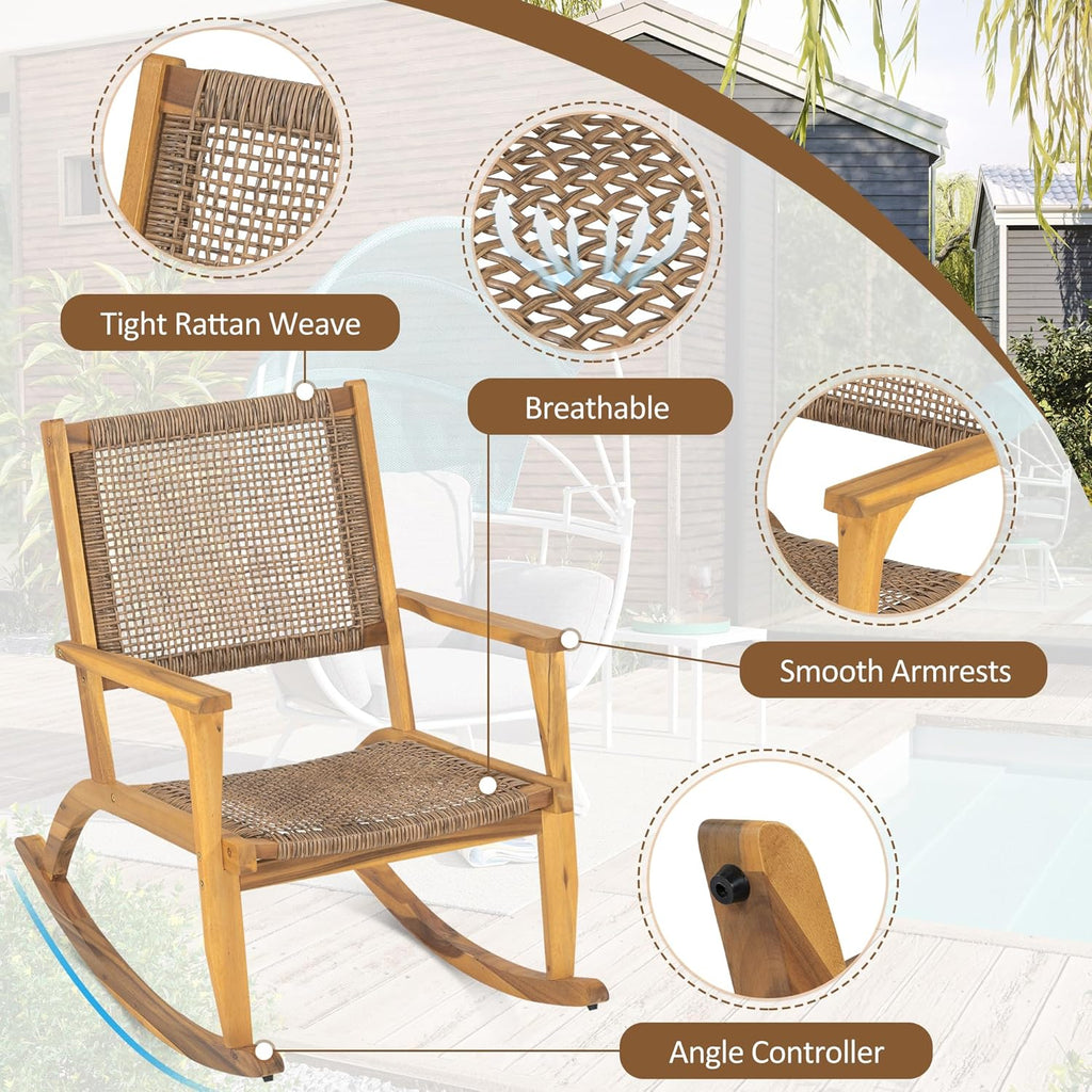 Acacia Wood Outdoor Rocking Chair Set of 2, Natural Wicker Outdoor Rockers with Wicker Rattan Seat & Backrest, 400
