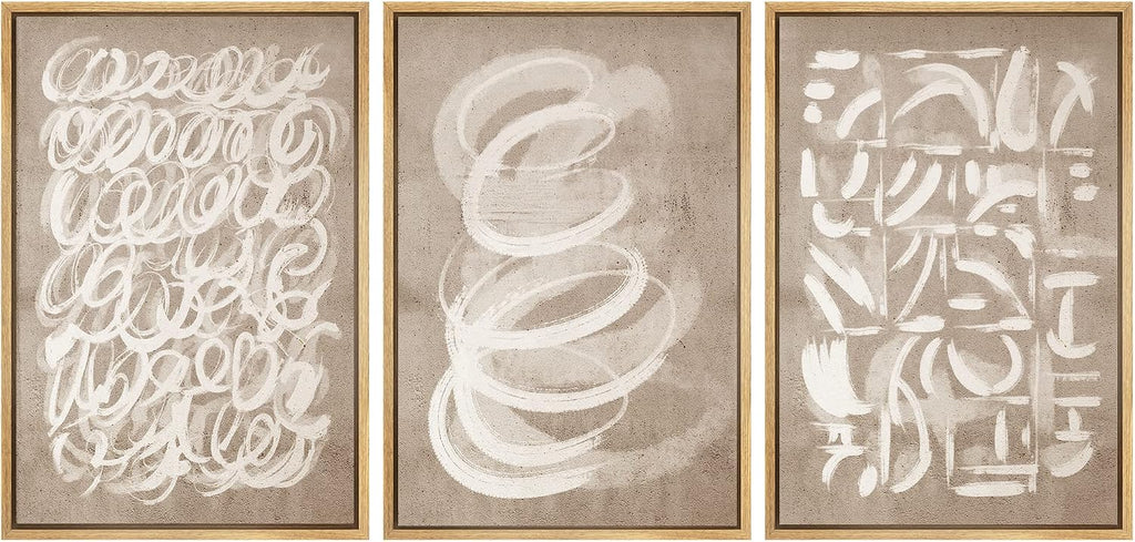 Framed Canvas Print Wall Art Set Brown Pastel Watercolor Paint Strokes Shapes Abstract Illustrations Modern Art - Set of 3