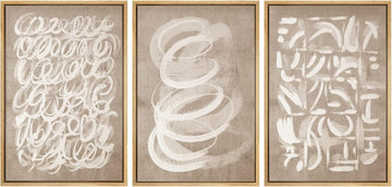 Framed Canvas Print Wall Art Set Brown Pastel Watercolor Paint Strokes Shapes Abstract Illustrations Modern Art - Set of 3