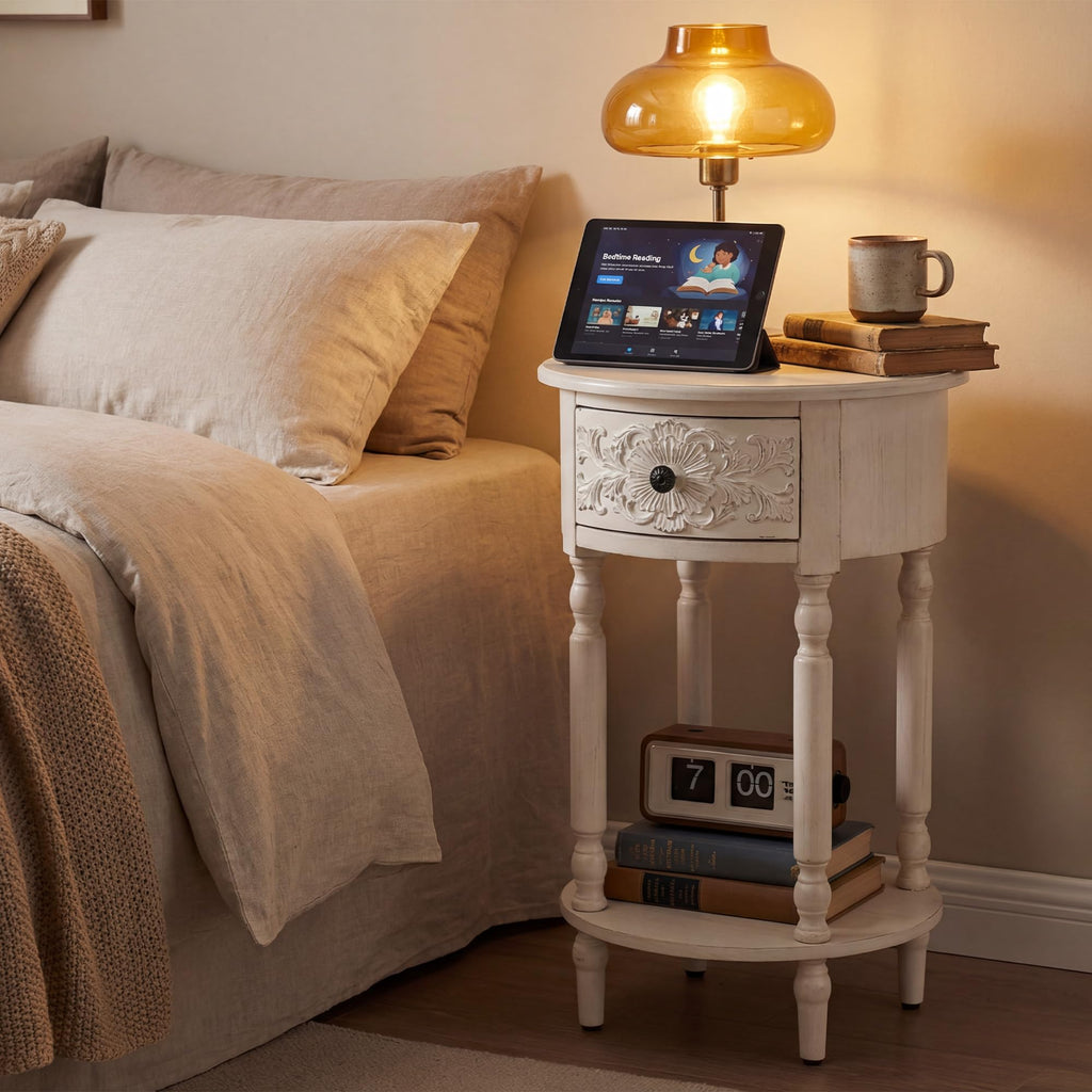Distressed 1-Drawer Round Nightstand, Antique White