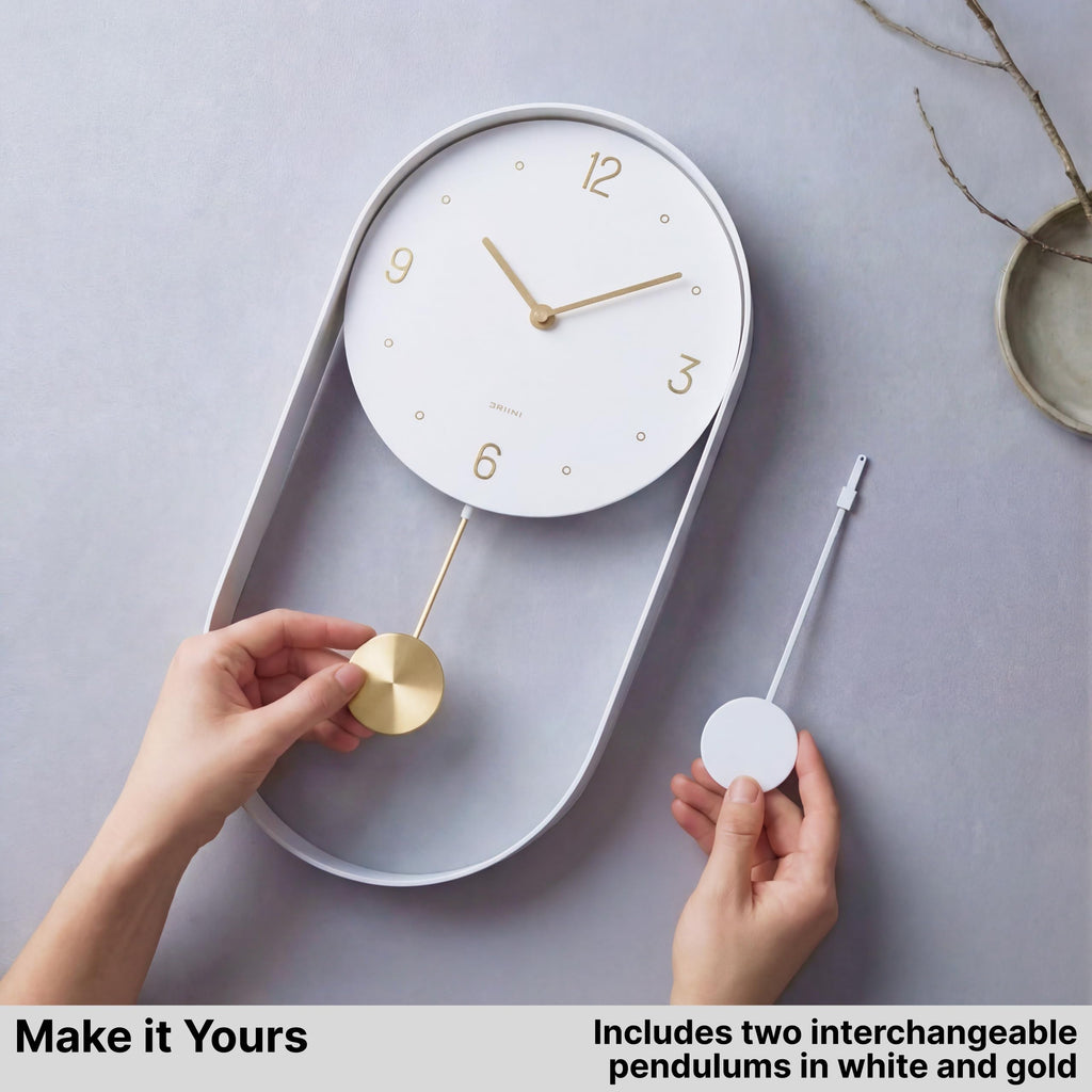 Modern Pendulum Wall Clock - Small Vertical Design in White and Gold