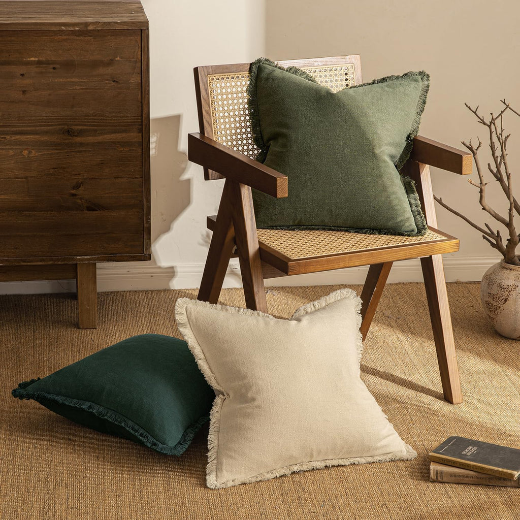 Decorative Throw Pillow Covers Neutral Linen Fringe Throw Pillows Set of 2 Olive Green Boho Farmhouse Cushion Covers